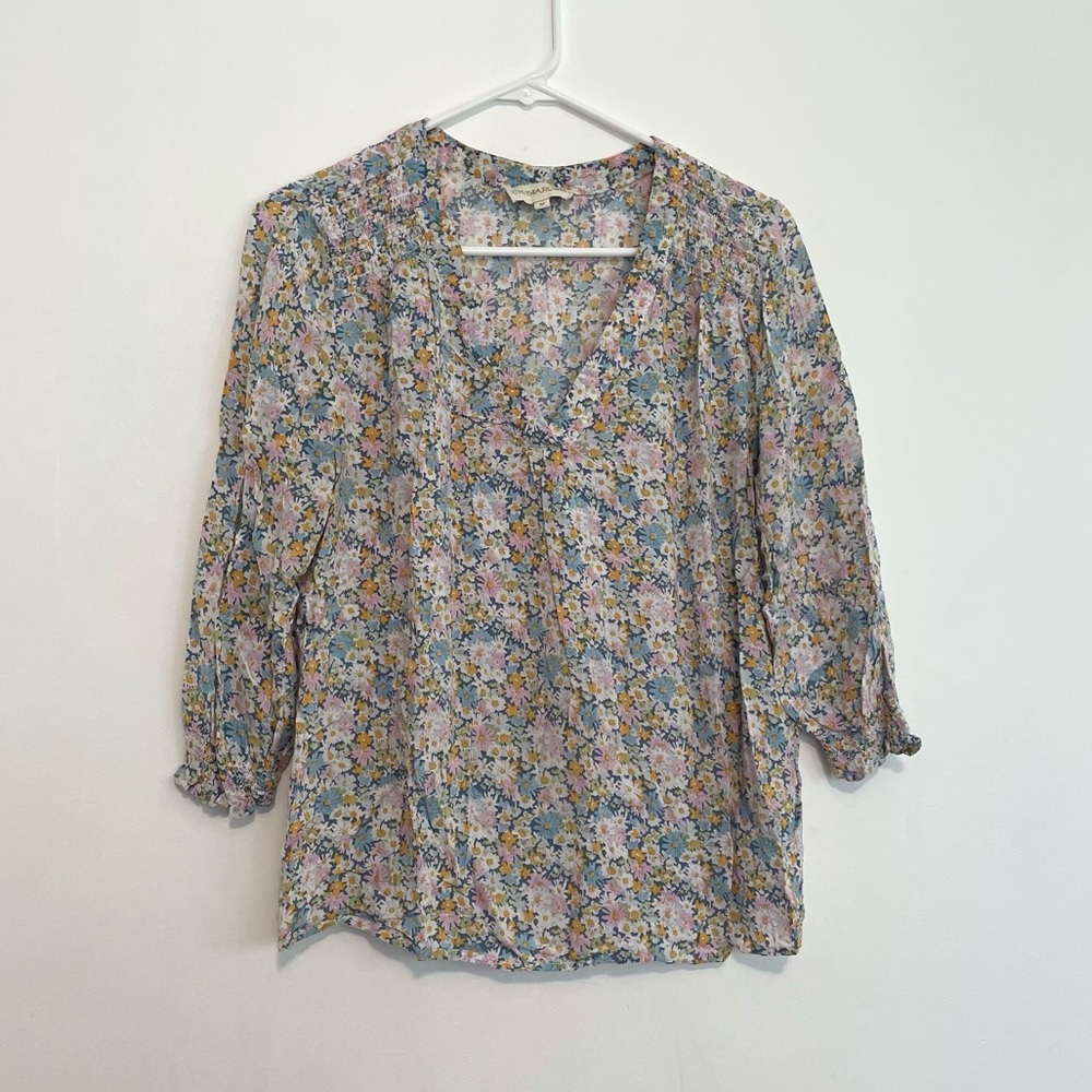 CYNTHIA ROWLEY Blue White Pink Multi Floral V-Neck 3/4 Sleeve Boho Summer Blouse - Picture 1 of 14